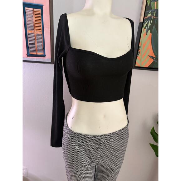 SHEIN Tops - Black Ribbed Long Sleeve Crop Top Square Neck Fitted Minimalist